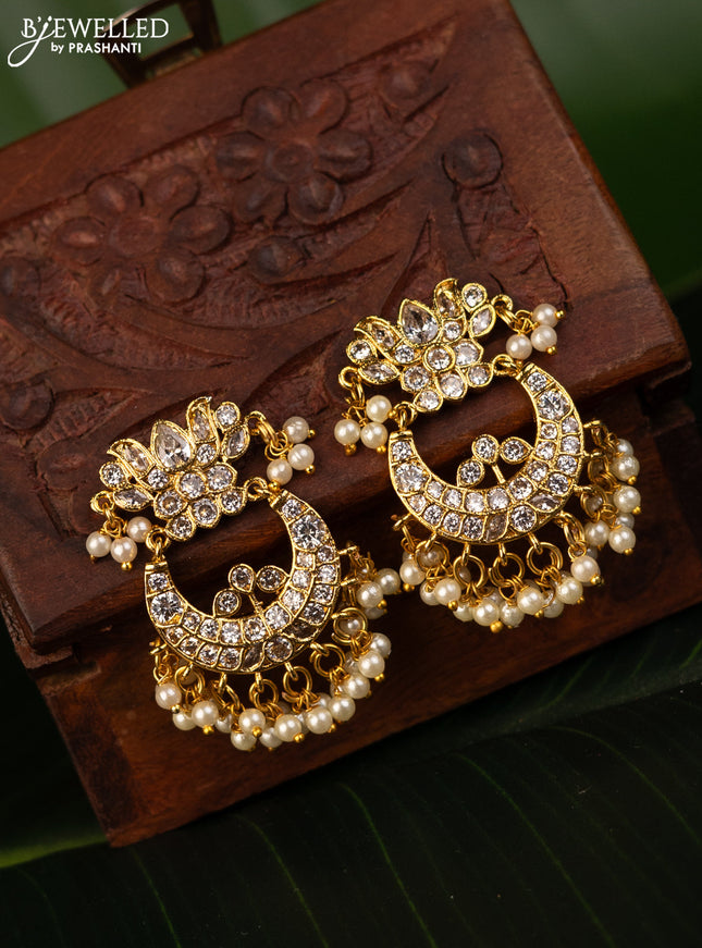 Antique earrings chandbali design with cz stones and pearl hangings