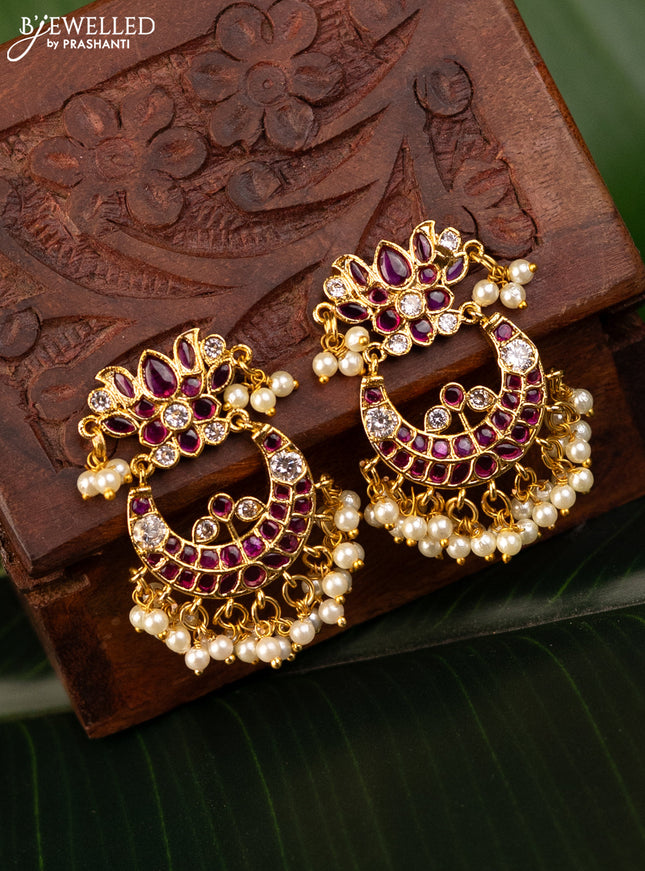 Antique earrings chandbali design with pink kemp & cz stones and pearl hangings