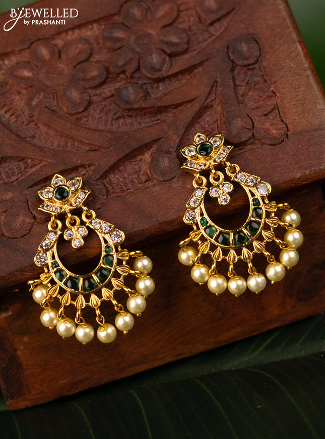Antique earrings chandbali design with green kemp & cz stones and pearl hangings