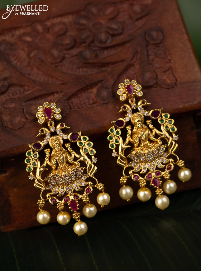 Antique earrings lakshmi design with kemp & cz stones and pearl hangings