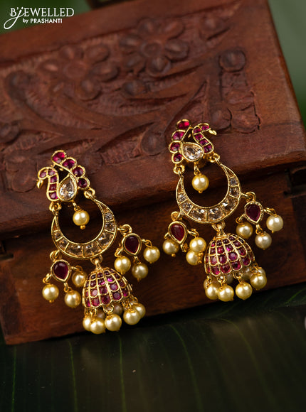 Antique earrings chandbali design with pink kemp & cz stones and pearl hangings