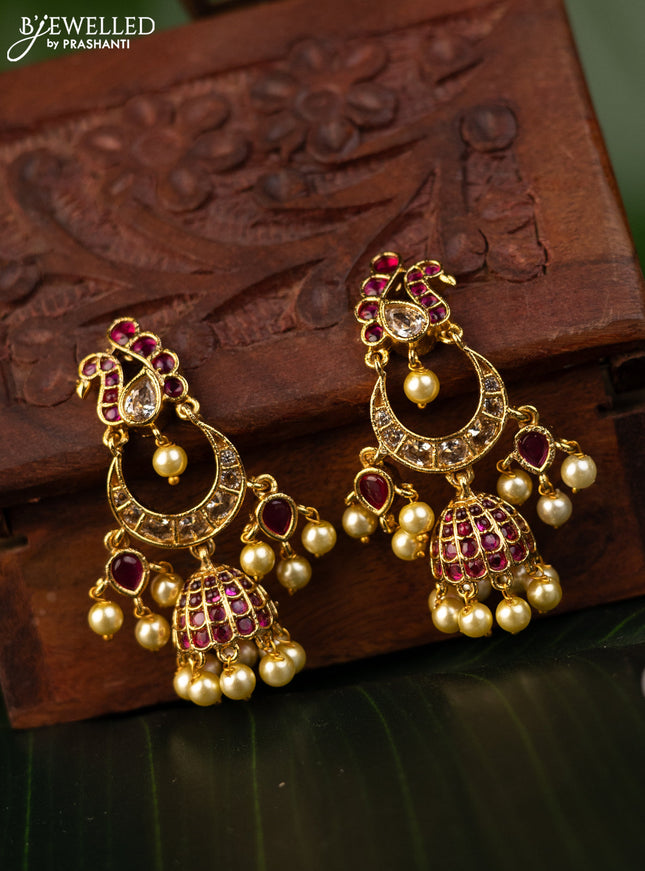 Antique earrings chandbali design with pink kemp & cz stones and pearl hangings