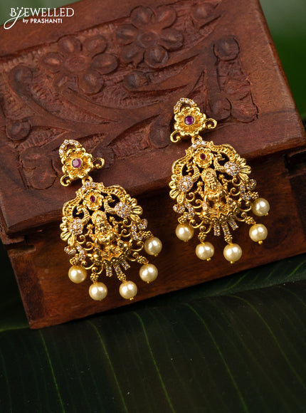 Antique earrings lakshmi design with pink kemp & cz stones and pearl hangings