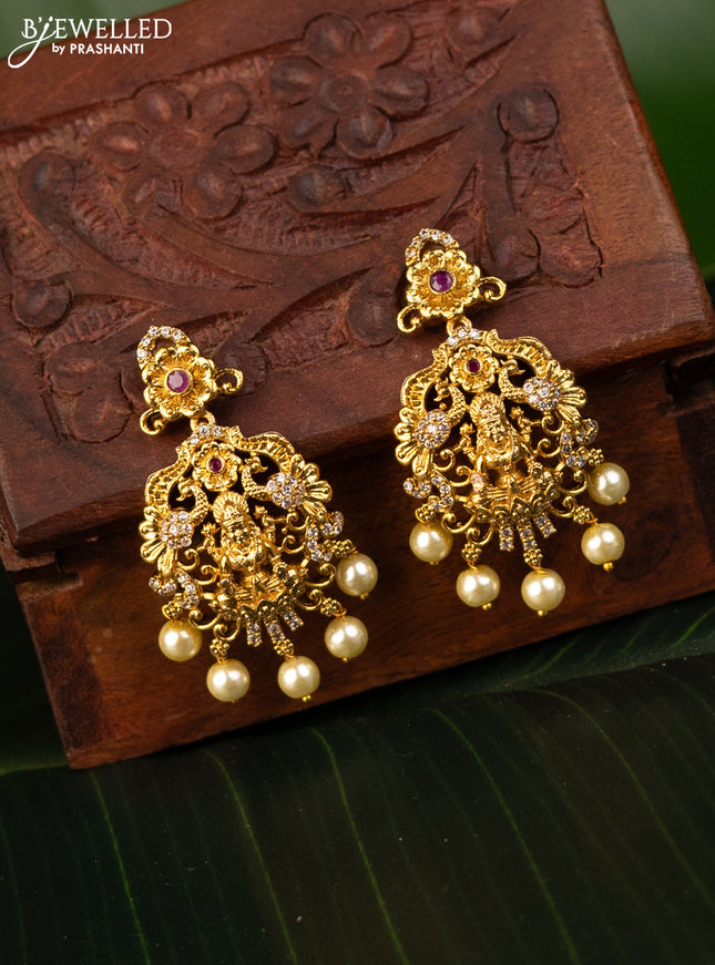 Antique earrings lakshmi design with pink kemp & cz stones and pearl hangings