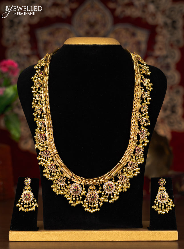 Antique guttapusalu haaram with kemp and cz stones and pearl hangings