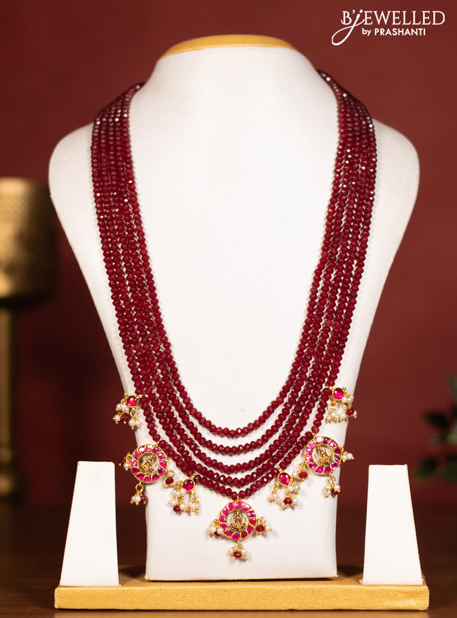 Beaded multilayer maroon necklace lakshmi pendant with pink jadau stones and pearl & beads hanging without earrings