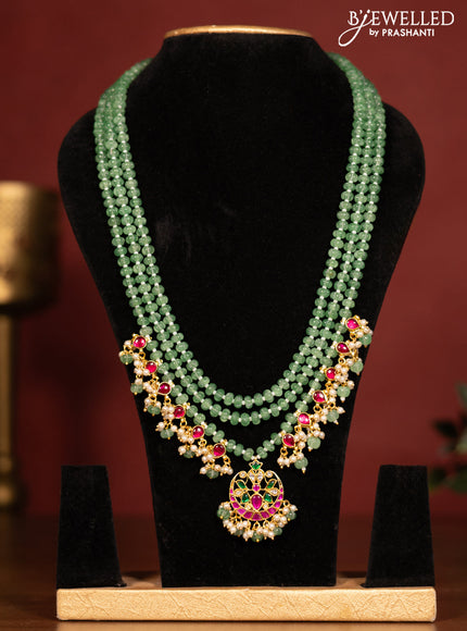 Beaded triple layer mint green necklace chandbali pendant with jadau kundan stones and pearl & beads hanging without earrings
