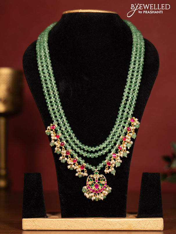 Beaded triple layer mint green necklace chandbali pendant with jadau kundan stones and pearl & beads hanging without earrings