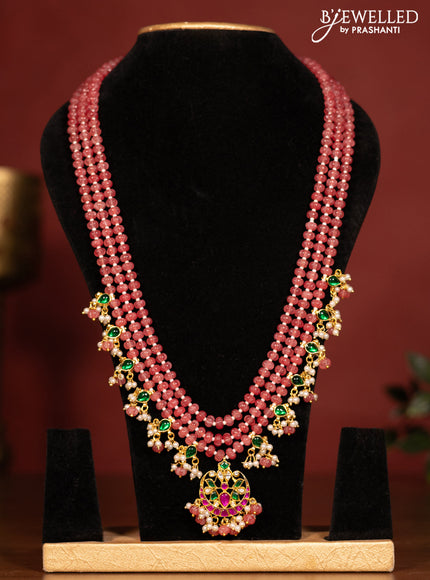 Beaded triple layer pink necklace chandbali pendant with jadau kundan stones and pearl & beads hanging without earrings