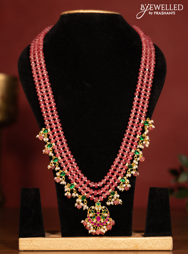 Beaded triple layer pink necklace chandbali pendant with jadau kundan stones and pearl & beads hanging without earrings