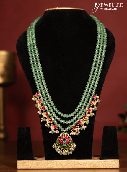 Beaded triple layer mint green necklace chandbali pendant with jadau stones and pearl & beads hanging without earrings