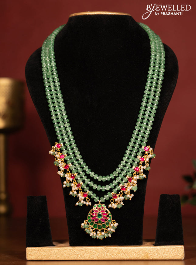 Beaded triple layer mint green necklace chandbali pendant with jadau stones and pearl & beads hanging without earrings