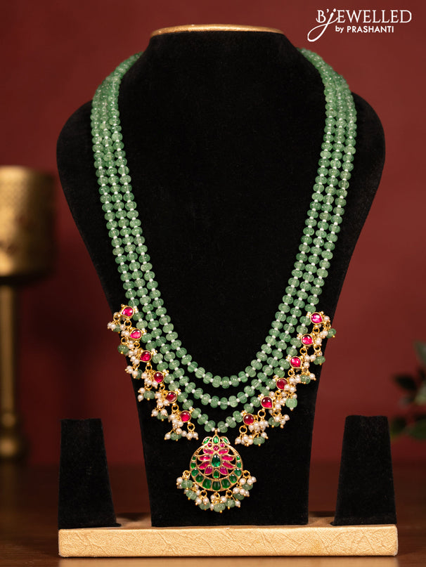Beaded triple layer mint green necklace chandbali pendant with jadau stones and pearl & beads hanging without earrings