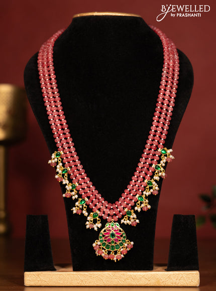 Beaded triple layer pink necklace chandbali pendant with jadau stones and pearl & beads hanging without earrings