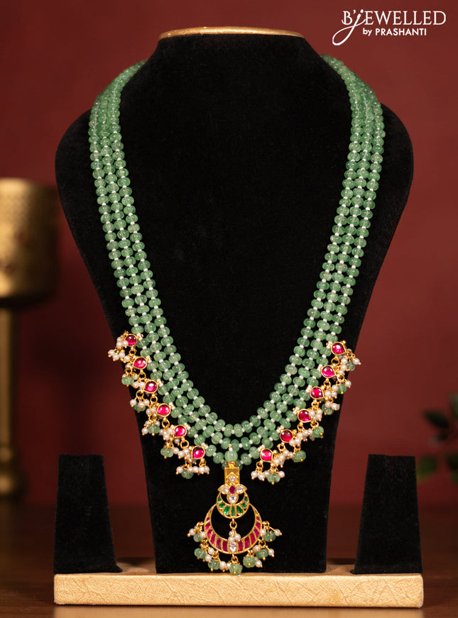 Beaded triple layer mint green necklace chandbali pendant with jadau kundan stones and pearl & beads hanging without earrings