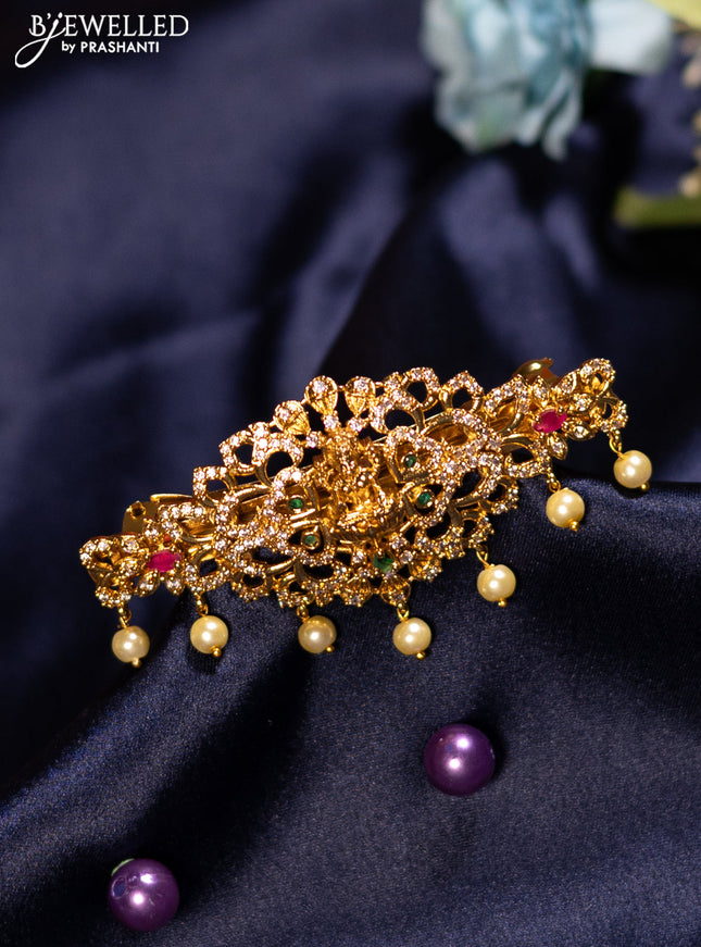 Antique hair clip medium size lakshmi design with kemp & cz stones and pearl hangings