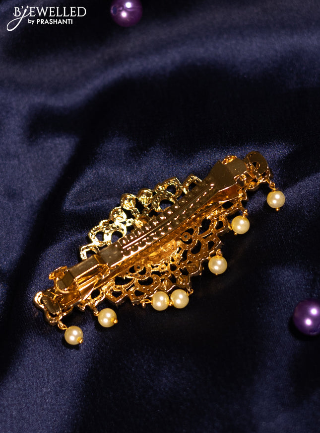 Antique hair clip medium size lakshmi design with kemp & cz stones and pearl hangings
