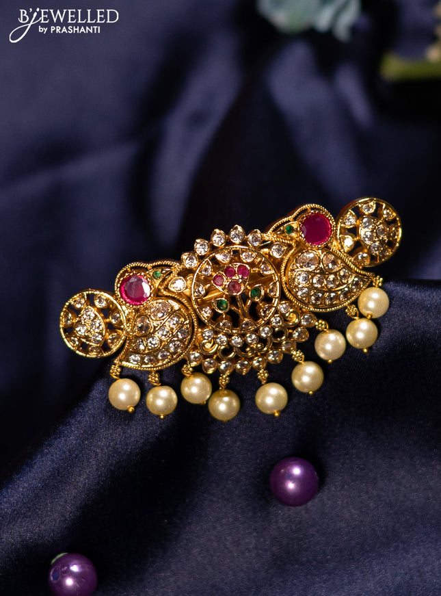 Antique hair clip medium size parrot design with kemp & cz stones and pearl hangings