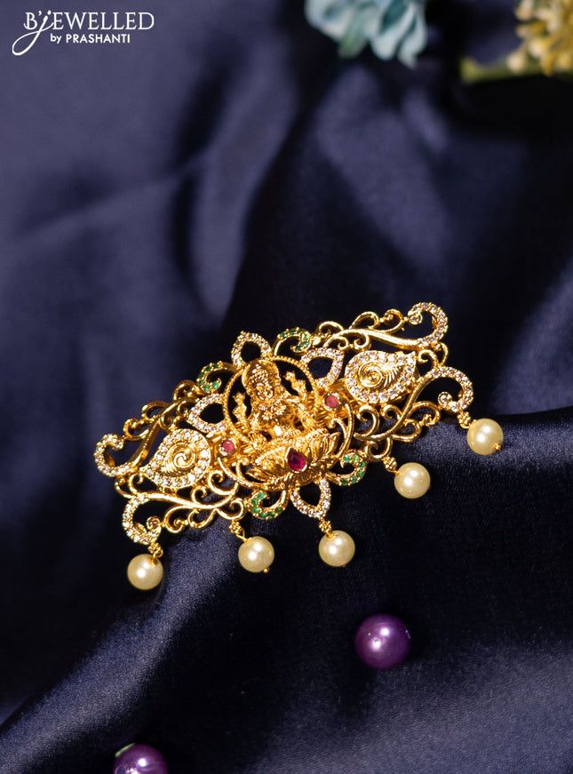 Antique hair clip medium size lakshmi design with kemp & cz stones and pearl hangings