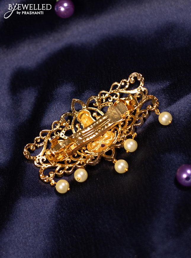 Antique hair clip medium size lakshmi design with kemp & cz stones and pearl hangings