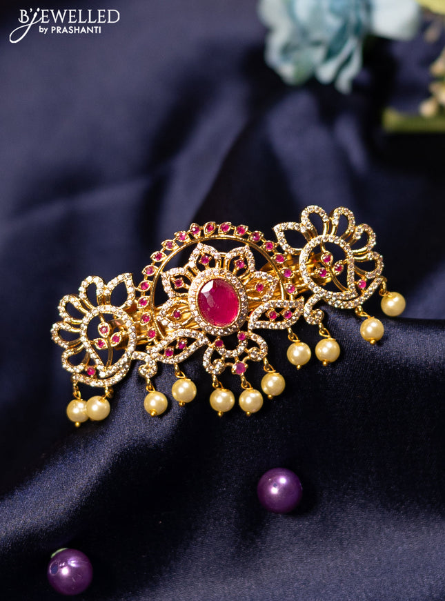 Antique hair clip medium size with pink kemp & cz stones and pearl hangings