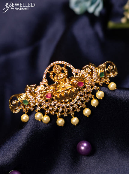 Antique hair clip medium size lakshmi design with kemp & cz stones and pearl hangings