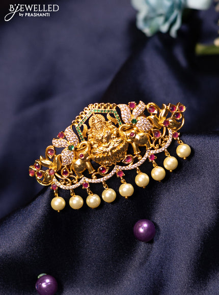Antique hair clip medium size lakshmi design with kemp & cz stones and pearl hangings
