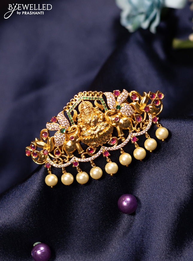 Antique hair clip medium size lakshmi design with kemp & cz stones and pearl hangings