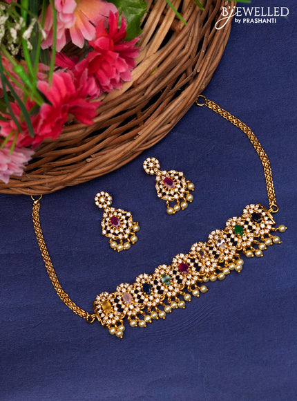 Antique choker with multicolour & cz stones and pearl hangings