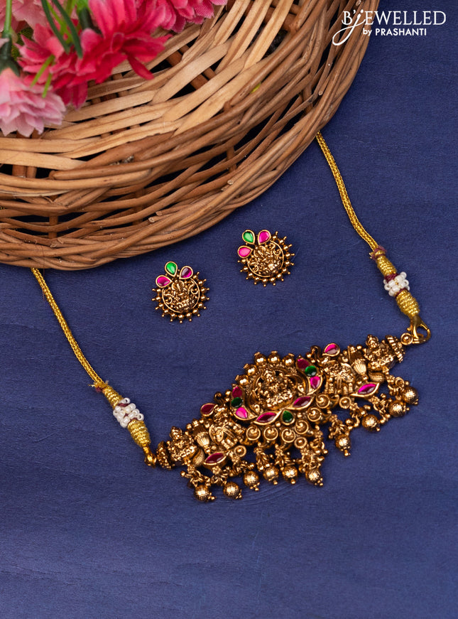 Antique choker lakshmi design with kemp stones and golden beads hanging