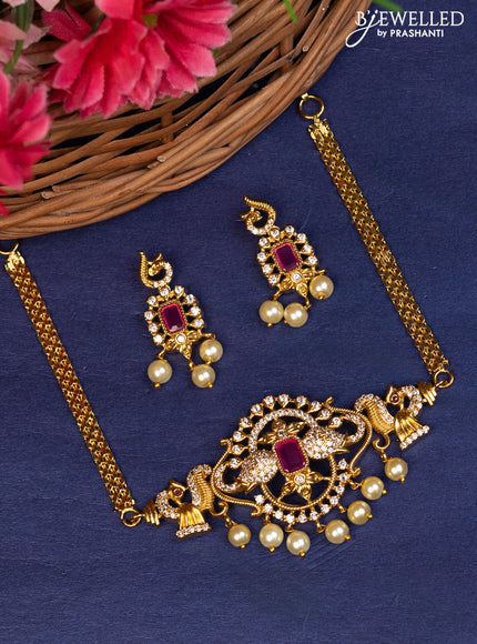 Antique choker peacock design with pink kemp & cz stones and pearl hangings
