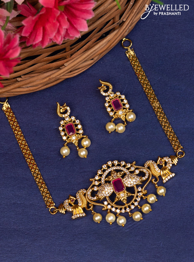 Antique choker peacock design with pink kemp & cz stones and pearl hangings