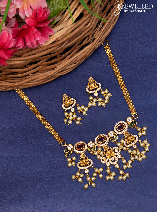 Antique choker lakshmi design with kemp & cz stones and pearl hangings