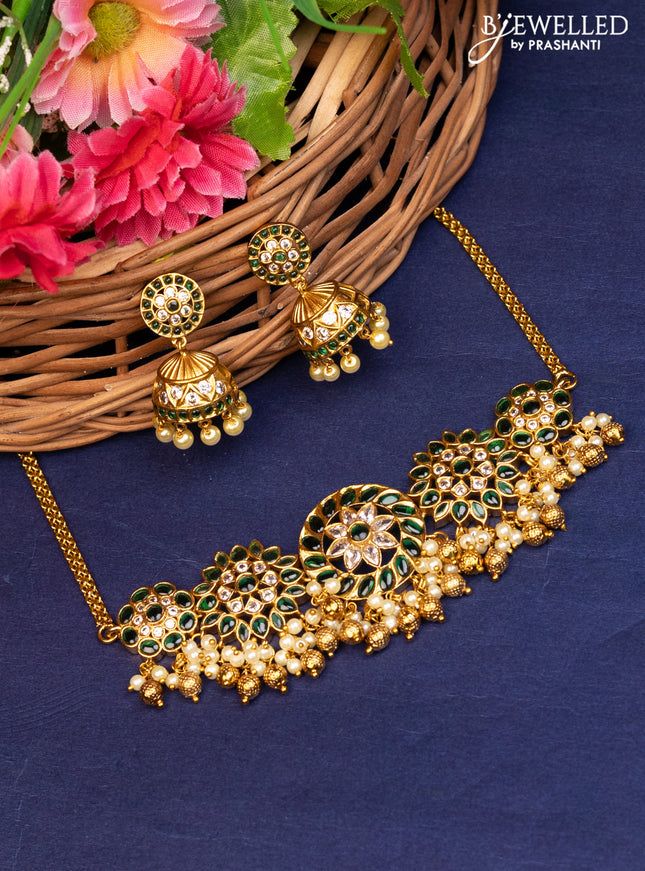 Antique choker with green kemp & cz stones and pearl & golden beads hanging