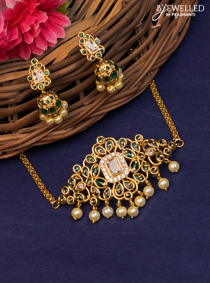 Antique choker with green kemp & cz stones and pearl hangings