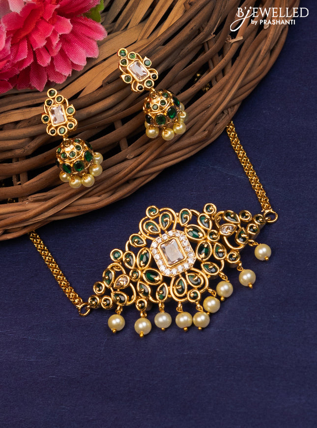 Antique choker with green kemp & cz stones and pearl hangings