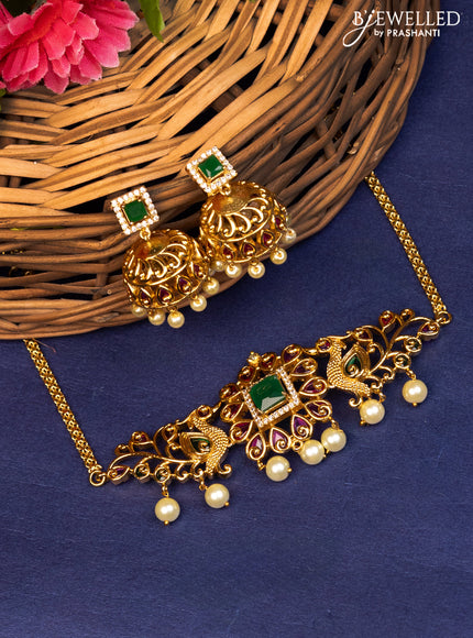 Antique choker peacock design with kemp & cz stones and pearl hangings