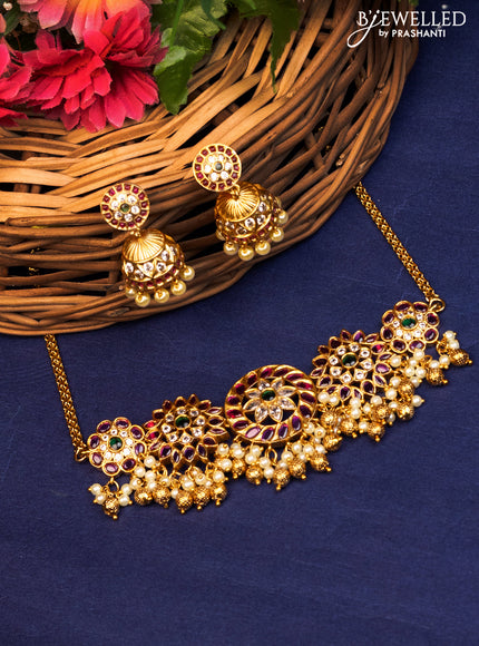 Antique choker with kemp & cz stones and pearl & golden beads hanging