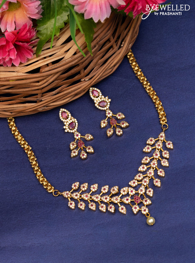 Antique choker with pink kemp & cz stones and pearl hanging