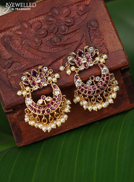 Antique earrings chandbali design with pink kemp & cz stones and pearl hangings