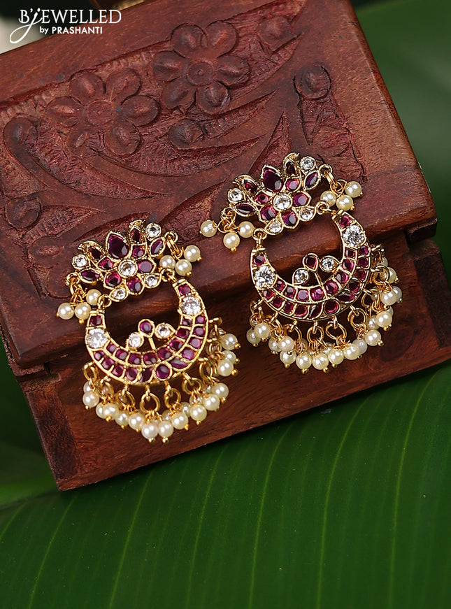 Antique earrings chandbali design with pink kemp & cz stones and pearl hangings