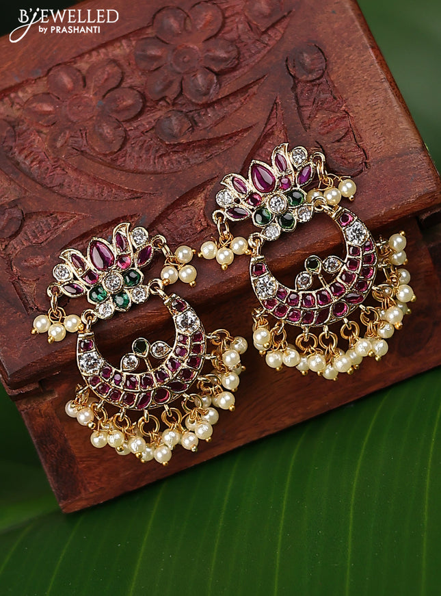 Antique earrings chandbali design with kemp & cz stones and pearl hangings