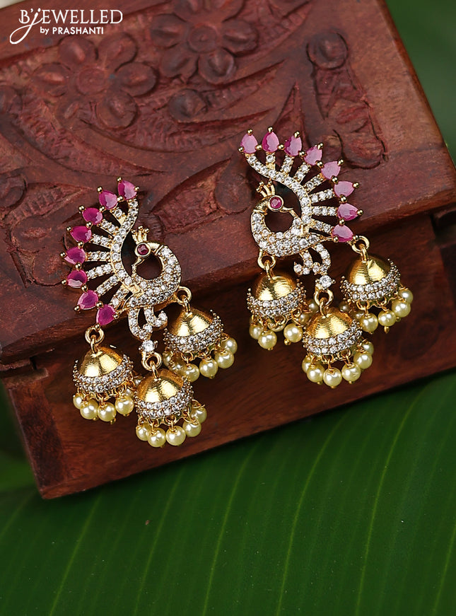 Antique earrings peacock design with pink kemp & cz stones and pearl hangings