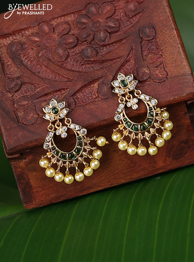 Antique earrings chandbali design with green kemp & cz stones and pearl hangings