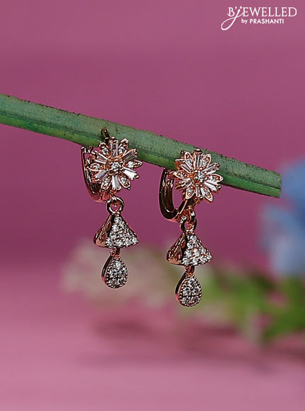 Rose gold hanging type earrings with floral design and cz stones
