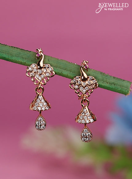 Rose gold earrings with peacock design and cz stones
