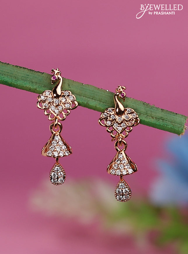 Rose gold earrings with peacock design and cz stones