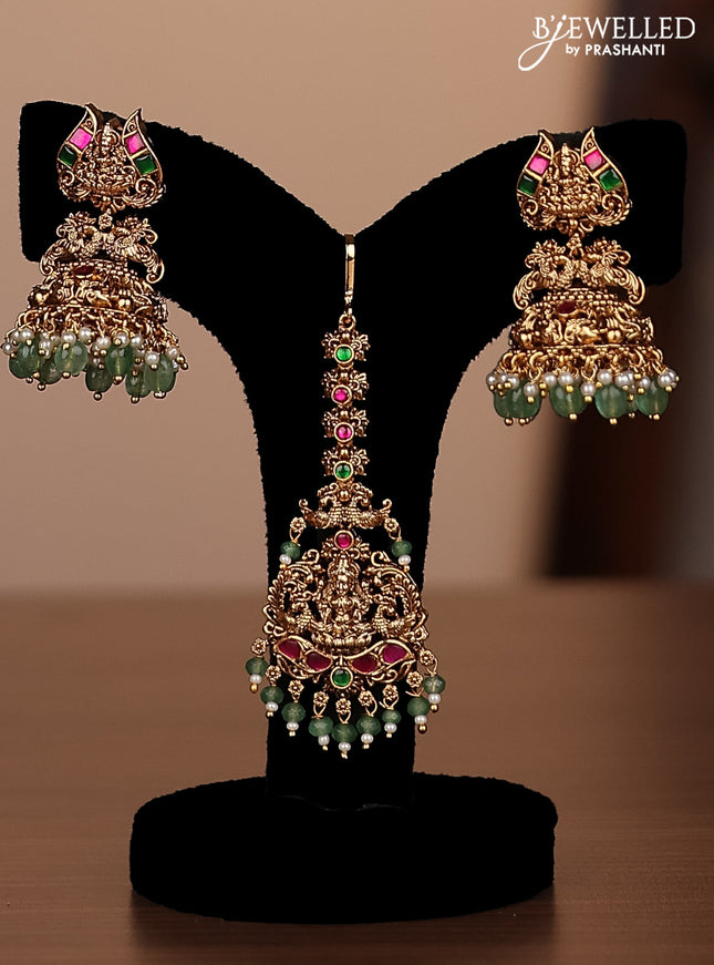 Antique combo set lakshmi pendant with jadau stones and pearl & green beads hanging