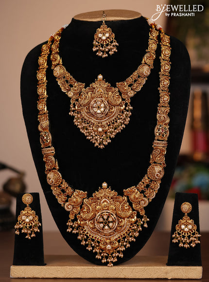 Antique combo set peacock design with jadau kundan stones and pearl & green beads hanging