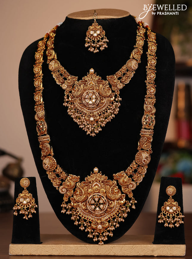 Antique combo set peacock design with jadau kundan stones and pearl & green beads hanging